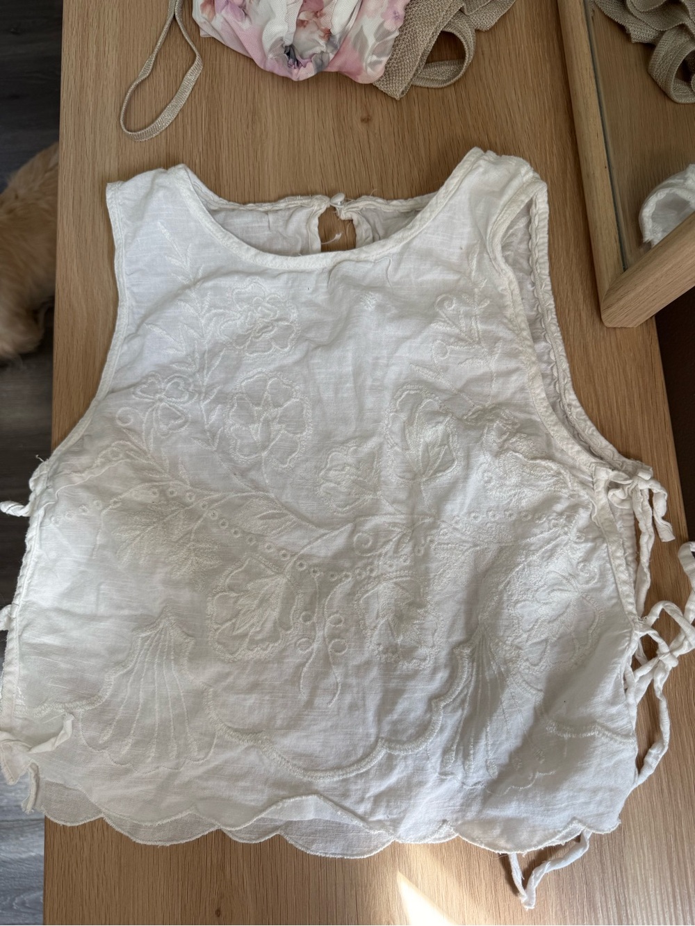 Free People White Embroidered Sleeveless Linen-Cotton Camisole